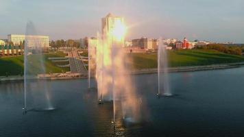 High fountains at sunset Air shooting from the drone video