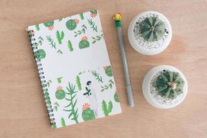 Notebook and cactus on desk top photo