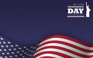 4 de julio feliz día de la independencia de américa de fondo. estatua de la libertad diseño de silueta plana con texto y ondeando la bandera americana en la parte inferior de la textura de la estrella azul. vector