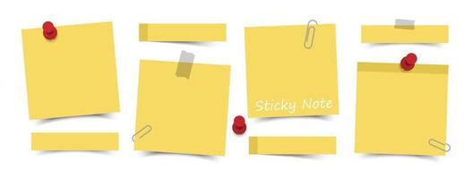 Flat design yellow color sticky notes with red pin , adhesive tape and paper clip on white board background . Vector .