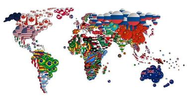 World map and all national circle country flags . 3D design . Creative concept . Vector .