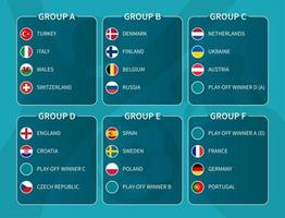 European soccer final tournament draw 2020 . Group of international football teams with flat circle country flag . Vector .