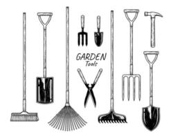 boceto conjunto de vectores de herramientas de jardinería. escoba, pala, rastrillo de abanico, tenedor, paleta, tijeras de podar, rastrillo de proa, tenedor de paso, martillo y pala ilustración dibujada a mano