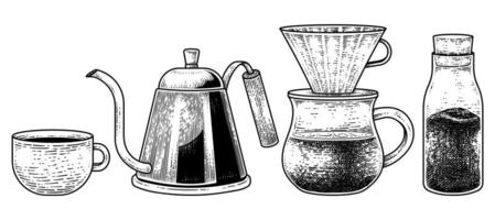 Sketch vector set of coffee maker tools. A cup of coffee, Drip Kettle, Dripper Pour-over and Instant Coffee Bottle Hand drawn illustration