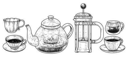 colección de bebidas y bebidas vintage elementos de boceto dibujados a mano. Ilustración de vector de tetera, taza, vidrio, taza y prensa francesa