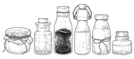 Vintage variety of Bottle glass with cork stopper Collection Hand drawn Sketch vector Illustration