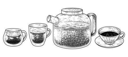 Juego de té de decoración vintage dibujado a mano. Ilustración de vector de boceto de taza, vaso, taza y tetera