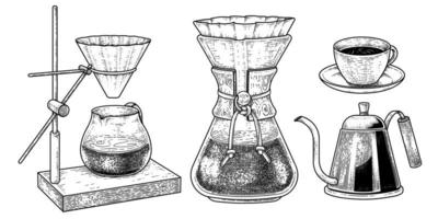 boceto conjunto de vectores de herramientas de cafetera. vertido de goteo, cafetera de goteo con filtro, hervidor de goteo y taza de café ilustración dibujada a mano