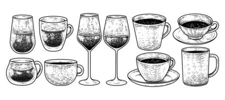 colección de bebidas y bebidas vintage elementos de boceto dibujados a mano. Ilustración de vector de copa, vaso, taza y vino