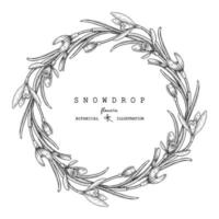 Circle Wreath with snowdrop flowers and leaves hand drawn sketch illustrations vector