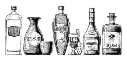 Set of alcohol bottles glass color isolated on white background sketch  illustration vector art  CanStock