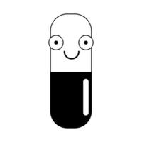 Pill cute cartoon in black and white vector