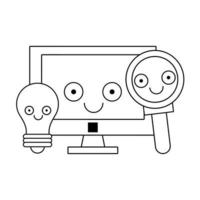Computer and magnifying glass with bulb light in black and white vector