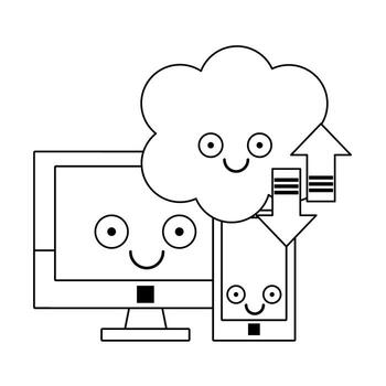 Comouter y teléfono inteligente con computadora en la nube en blanco y negro vector