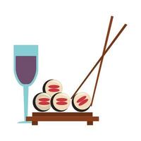 restaurant food and cuisine sushi with chopstick and glass with wine icon cartoons vector illustration graphic design