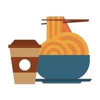 Restaurante de comida y cocina con comida china con palillos, espaguetis en un tazón y dibujos animados de icono de taza de café ilustración vectorial diseño gráfico vector