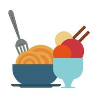 Restaurante comida y cocina espaguetis en un cuenco y una taza con helado icono dibujos animados ilustración vectorial diseño gráfico vector