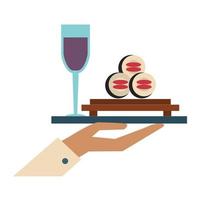 Restaurante comida y cocina mano sosteniendo una bandeja de sushi y vaso con vino icono dibujos animados ilustración vectorial diseño gráfico vector