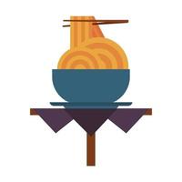 Restaurante de comida y cocina con comida china, espaguetis en un cuenco sobre una mesa icono dibujos animados ilustración vectorial diseño gráfico vector