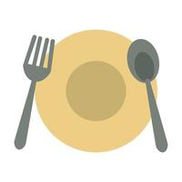 Plato de comida y cocina de restaurante con cubiertos, tenedor y cuchara, icono de dibujos animados, ilustración vectorial, diseño gráfico