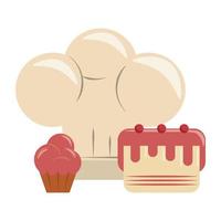 Restaurante comida y cocina gorro de cocinero, pastel con cerezas y muffin icono dibujos animados ilustración vectorial diseño gráfico vector