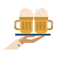 Bebida licor y bebida mano sosteniendo una bandeja con dos grandes vasos de cerveza en el icono de dibujos animados ilustración vectorial diseño gráfico vector