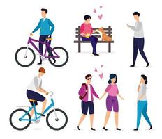group young people with bike and icons vector