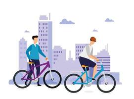 Escena urbana de edificios con hombres en bicicletas. vector