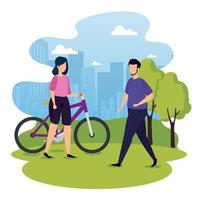 escena urbana y pareja joven con bicicleta. vector