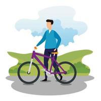 young man with bike in park landscape vector