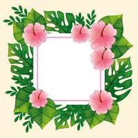 frame of cute flowers pink with branches and leafs vector