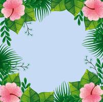 frame of cute flowers pink with branches and leafs vector