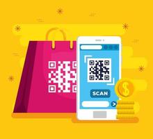 scan qr code with smartphone and bag shopping vector