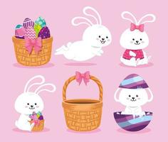 set of cute rabbits and baskets wicker with eggs easter vector