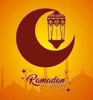 ramadan kareem poster with lantern and moon hanging vector