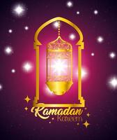 ramadan kareem poster with frame arch and lantern hanging vector