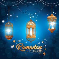 ramadan kareem poster with lanterns hanging vector