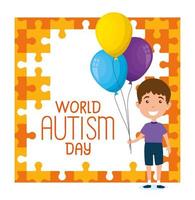 día mundial del autismo con niño y globos de helio. vector