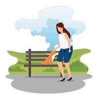 woman with dog in park wooden chair vector