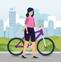 mujer con bicicleta y paisaje urbano. vector