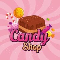 poster of candy shop with brownie and candies vector