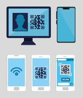 set smartphones and computer with code qr vector