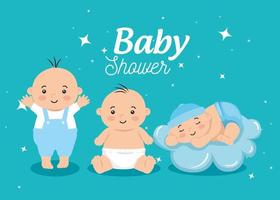 baby shower card with little boys and decoration vector