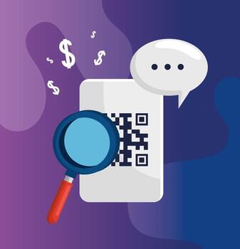 code qr with magnifying glass and speech bubble vector