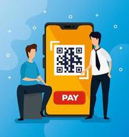 Código qr en smartphone con empresarios e iconos. vector