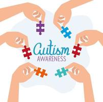 world autism day with hands and puzzle pieces vector