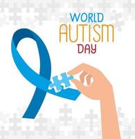 world autism day with hand and ribbon vector