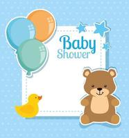 tarjeta de baby shower con lindo oso y decoración. vector