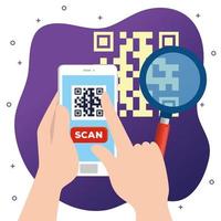 manos, usuario, escanear, código qr, con, smartphone vector