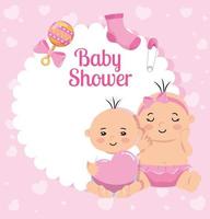 baby shower card with little girls and decoration vector